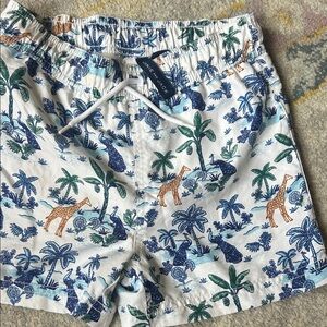 Janie and Jack White Swim Shorts with Blue, Green & Tan Safari Print